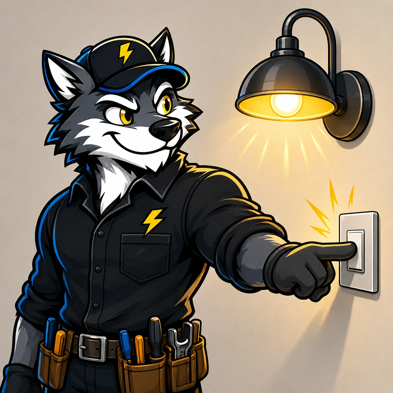 De Wollef, das Electrowolf-Maskottchen, schaltet eine moderne Außenleuchte ein